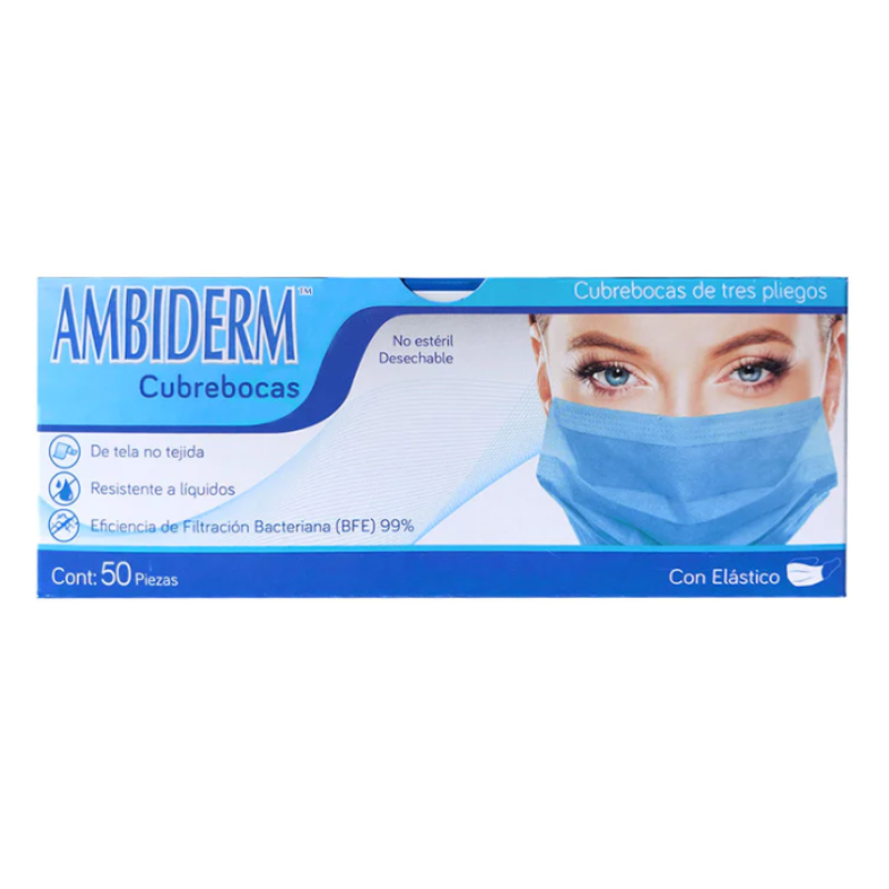 Cubre Boca Tres Pliegos Azul Pk/50 Ambiderm